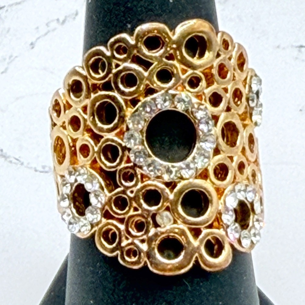 Gold Openwork Statement Ring Accent Crystals Wide Band Size 7.5